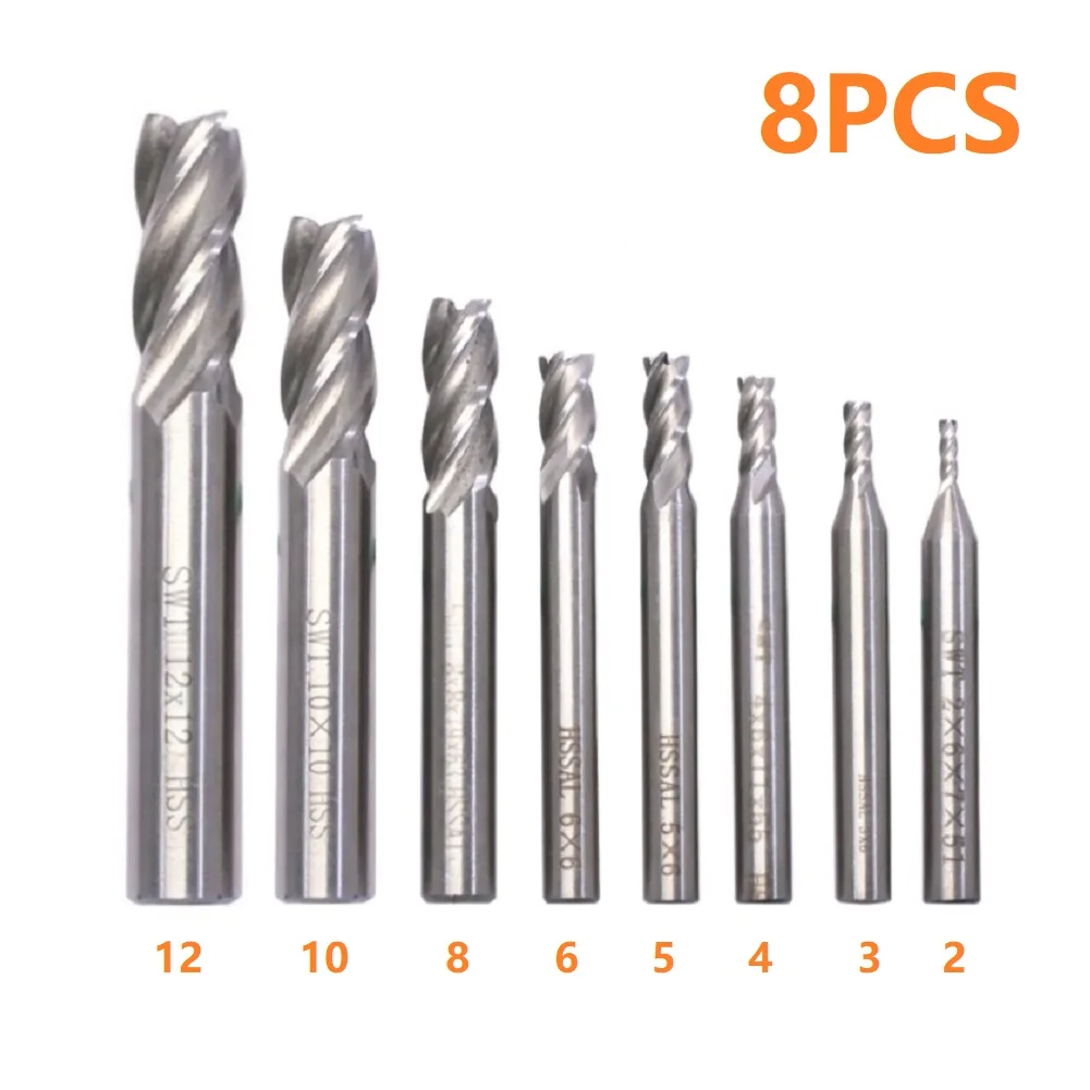 

8pcs/set Carbide 4 Flutes CNC HSS End Milling Cutter Slot Drill Bit Set 2-12mm For CNC Milling Machine Metalworking Tools