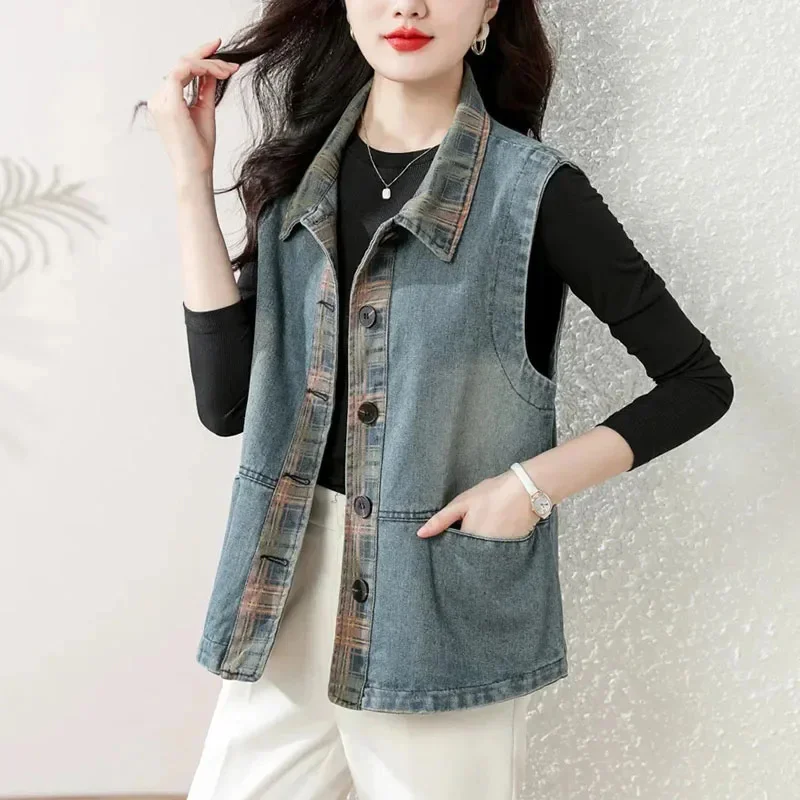 

Весенне-осенний новый темпераментный корейский женский короткий джинсовый жилет без рукавов, женский повседневный свободный женский жилет с карманами, куртка