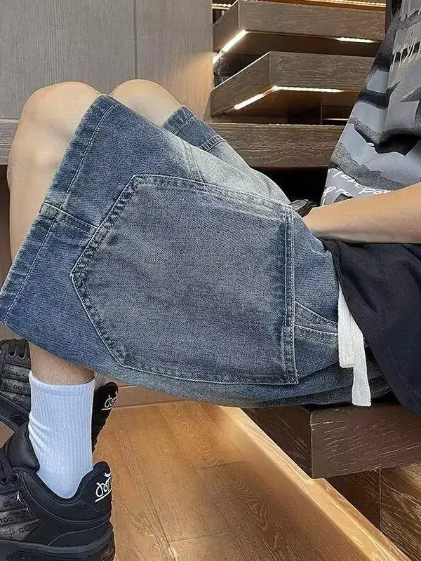

Summer Large Size 250 Pounds New Drawstring Denim Shorts Men Loose Versatile Casual Straight Thin Five-Quarter Pants