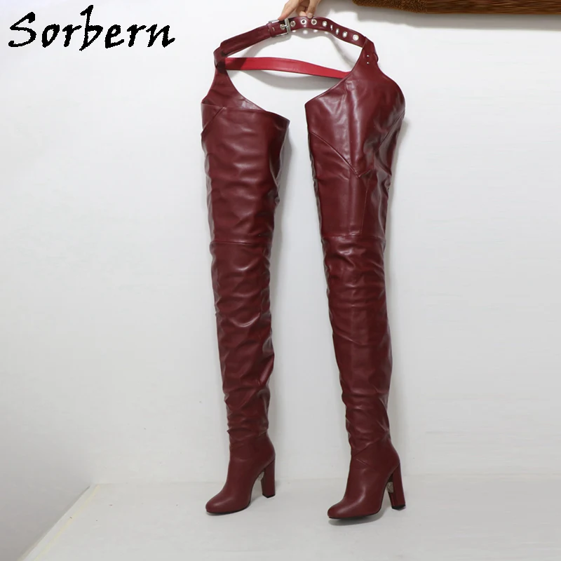 

Sorbern Customized 85Cm Crotch Boots Unisex 105Cm Outside Block Heel Fetish Boot With Belt Round Toe High Heel Multi Color