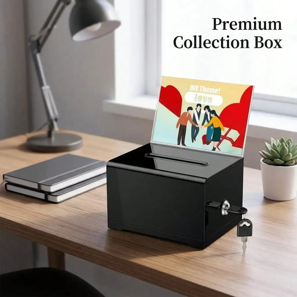 Black Acrylic Donation Box With Slot And Lock, Clear Sign Holder, Charity Collection Box, Suggestion Box, Ballot Box And Tip Jar For Events And Office