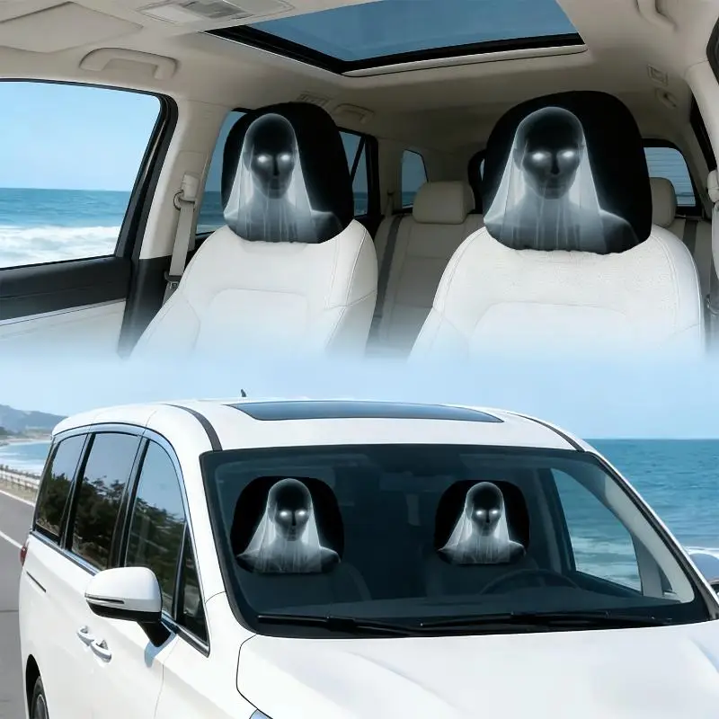 Universal Elastic Car Headrest Covers 2Pcs Horror Halloween Face Print Dustproof Protector for All Car Models Holiday Decor