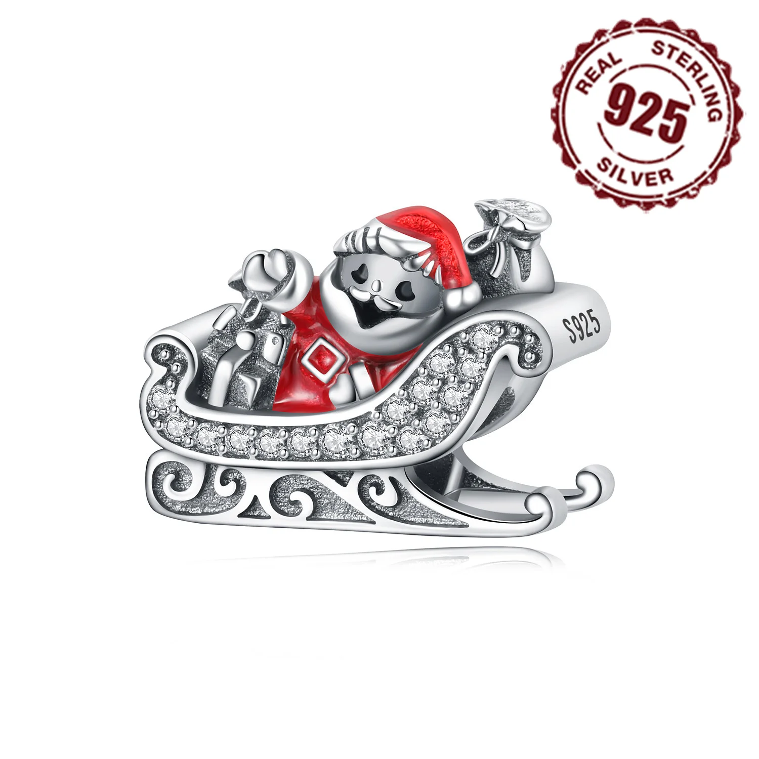 Real 925 Sterling Silver Santa Claus Sled Beads Pendant Fit Original Bracelet For Women Jewelry Birthday Fine Gifts Accessory