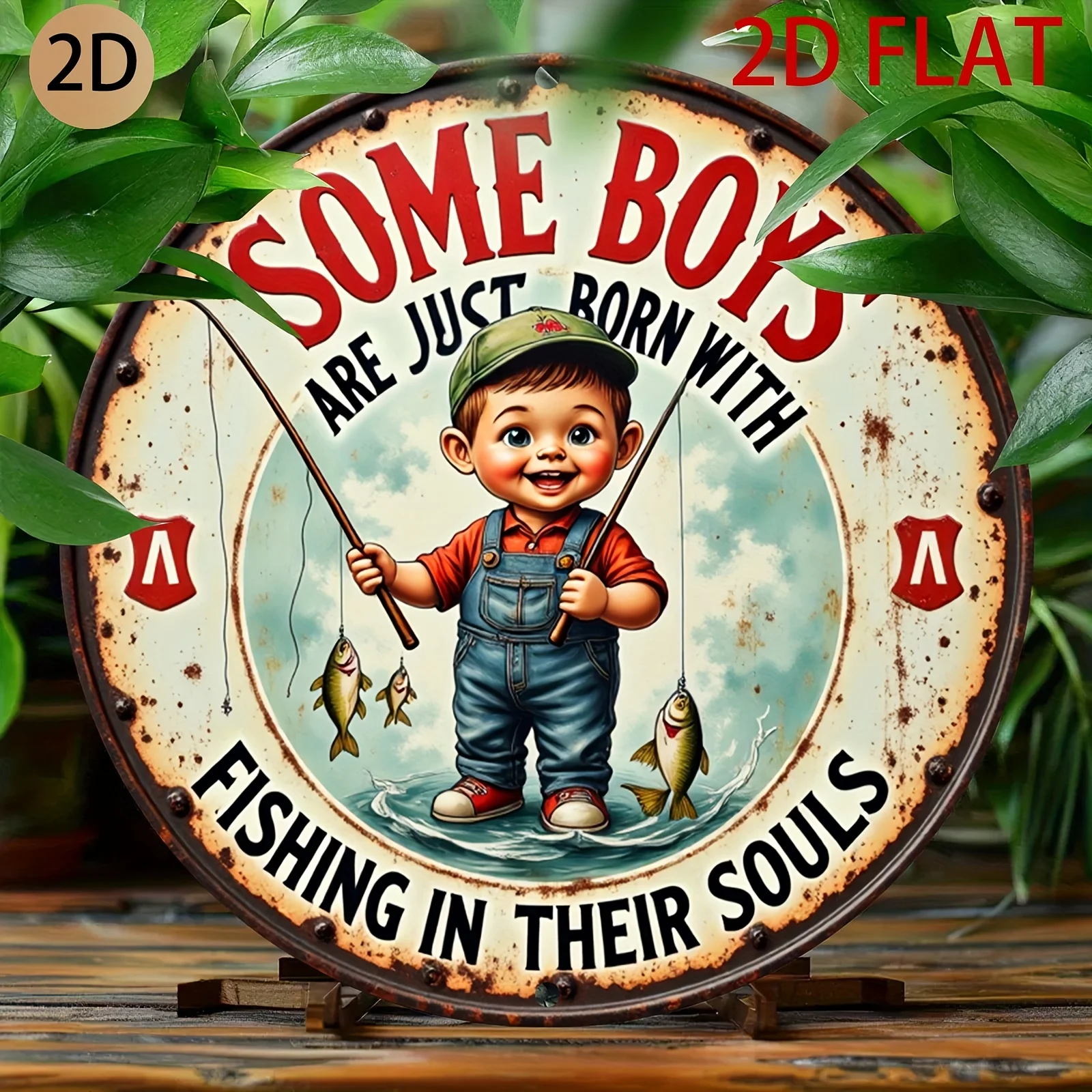 Pancarte ronde vintage en métal « Certains garçons sont nés avec la pêche dans le sang», Art mural en métal rétro vieilli « Petit garçon pêcheur»
