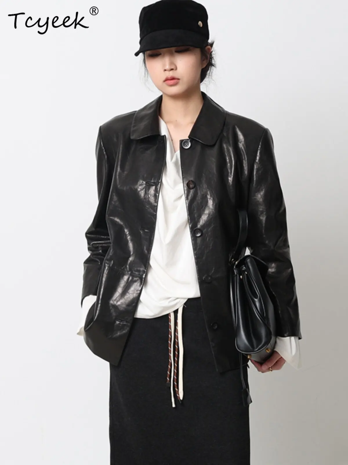 Tcyeek Natural Goatskin Real Leather Jacket Woman Streetwear Women Coats Spring Autumn Clothes Loose Fit Trendy Abrigo Mujer