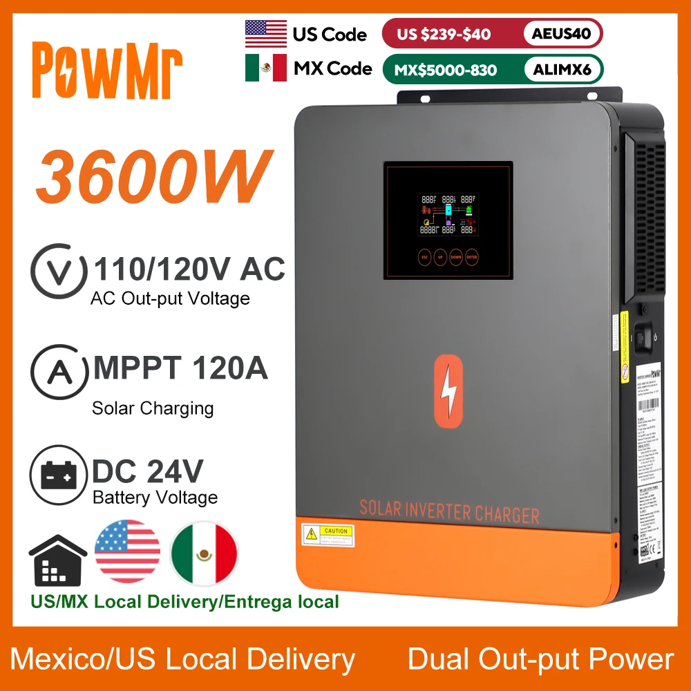 PowMr 3600W On/Off-Grid Solar Inverter 24V DC to 100/110/120V AC Built 120A MPPT Solar Charger Dual OutPut Power Support Lifepo4