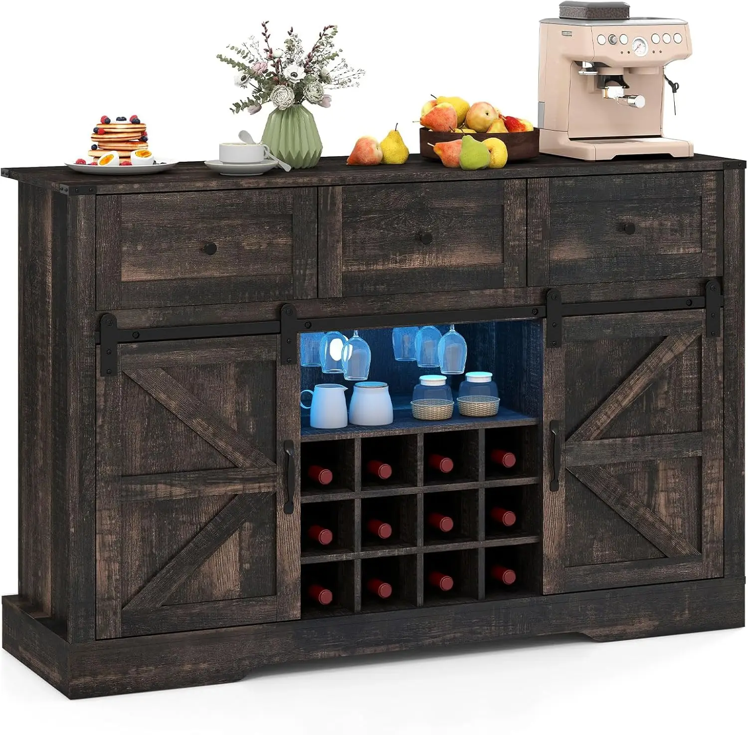 

Wine Bar Cabinet with LED Lights, 52" Buffet Sideboard w/Sliding Barn Door, 3 Drawer, 12 Bottle Wine Rack & Glass Holder