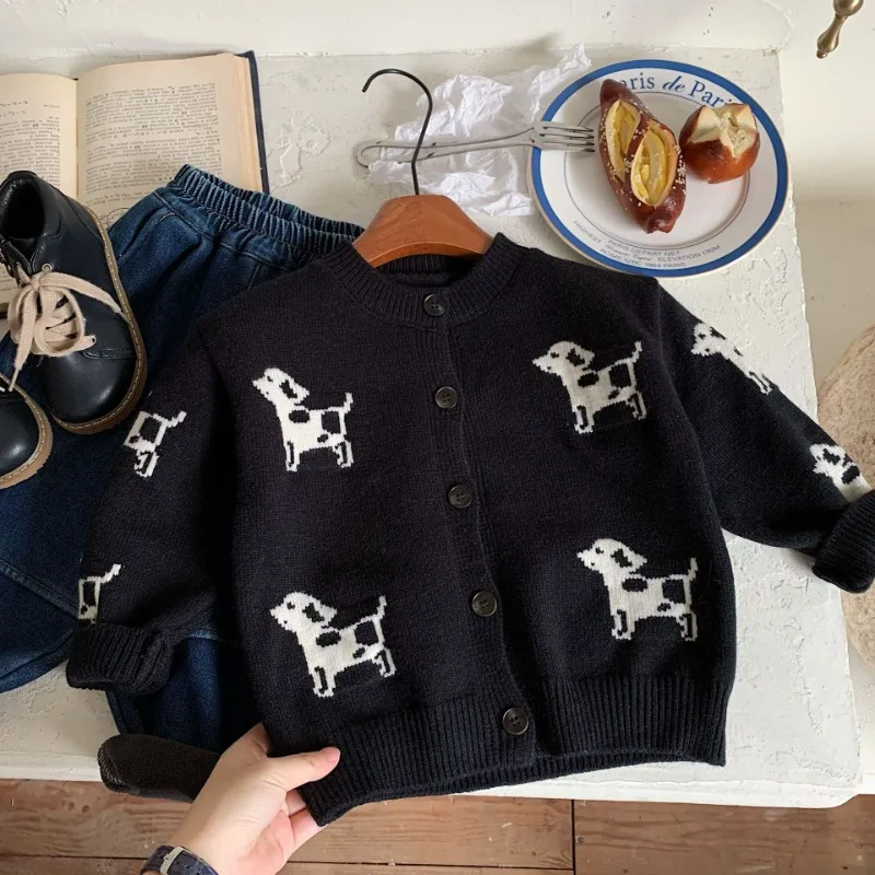 Korean style Kids baby clothes 2024 Fall Winter cartoon dog black sweater for boys and girls knit Cardigan Coat