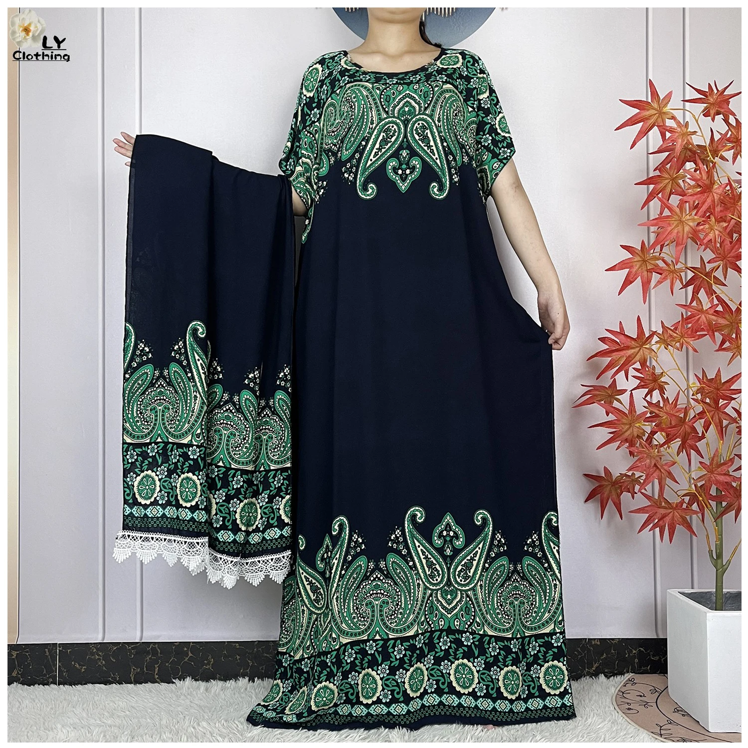 Muslim Woman Summer Short Sleeve Printing Cotton Dresse With Big Scarf African Dashiki Floral Loose Robe Lady Casual Vestidos