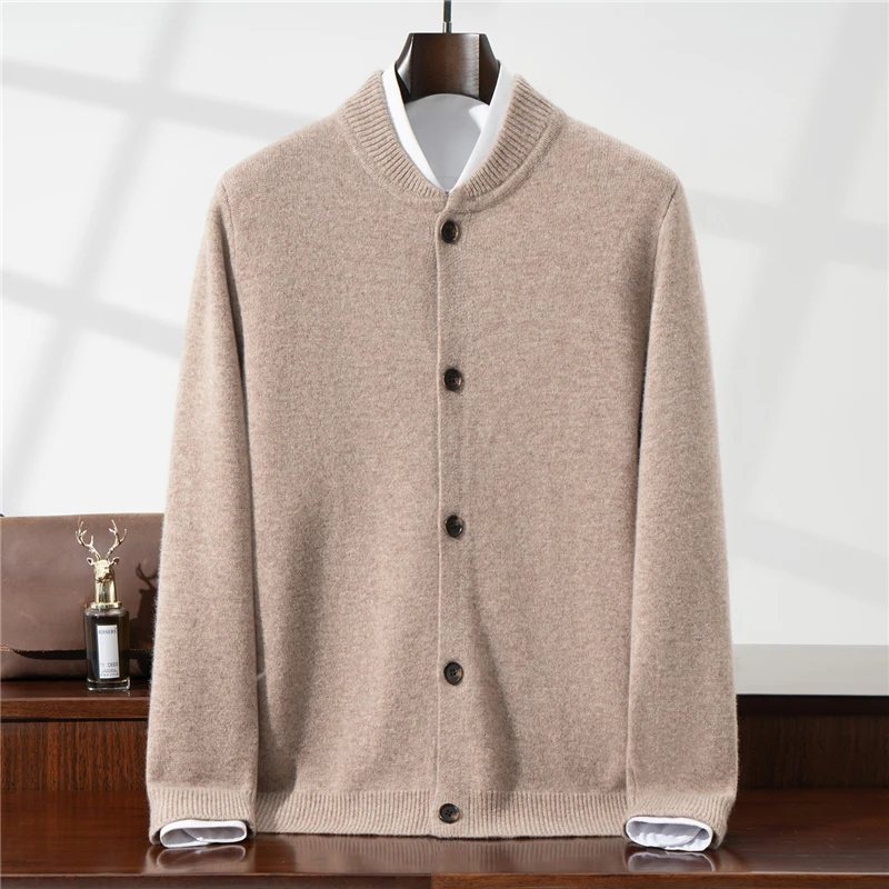 

100% Pure Wool Cardigan Men Baseball Collar Casual Outerwear Knitted Sweater Autumn Winter Stand Collar Loose Sweater Jacket