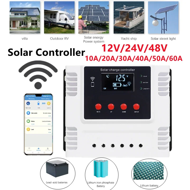 PWM PV Solar Controller 10A-60A Photovoltaic System Street Light LED Display USB Interface Intelligent Charging Controller