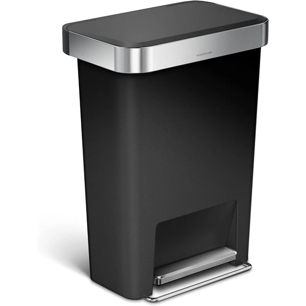 45 Liter / 12 Gallon Rectangular Kitchen Step Trash Can with Soft-Close Lid, Black Plastic