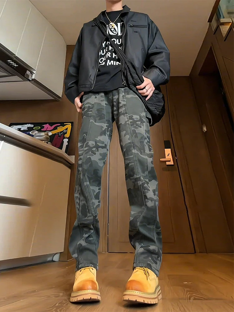 

Мужские джинсы в стиле американского ретро с камуфляжным принтом, весна-осень, уличный стиль, деконструкция, рабочая одежда, прямые штанины, для лесозаготовок