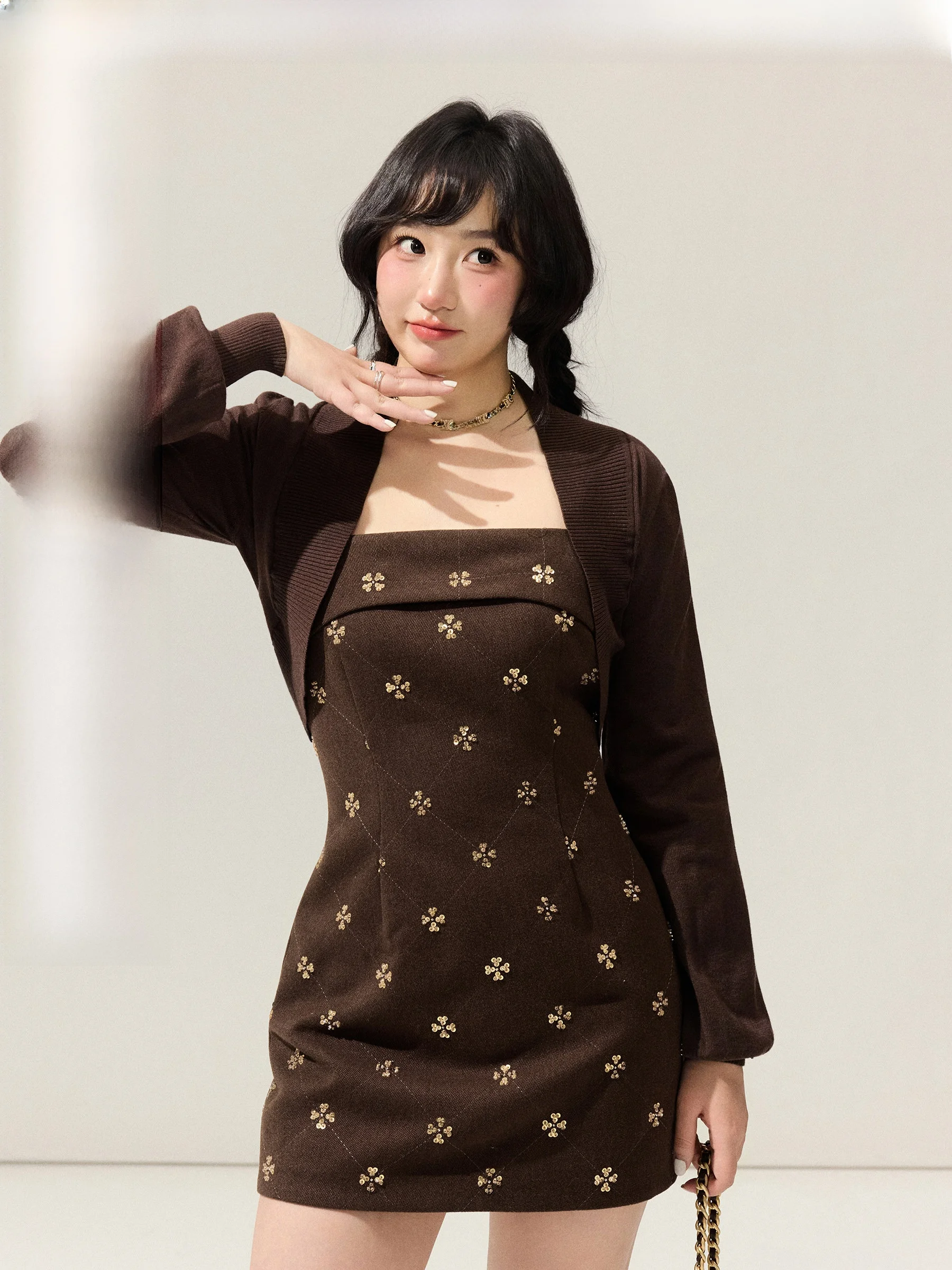 

Теплый вязаный комплект с текстурой «Весенняя нить»: модная верхняя одежда больших размеров для женщин, юбка А-силуэта с длинным рукавом, для повседневной носки