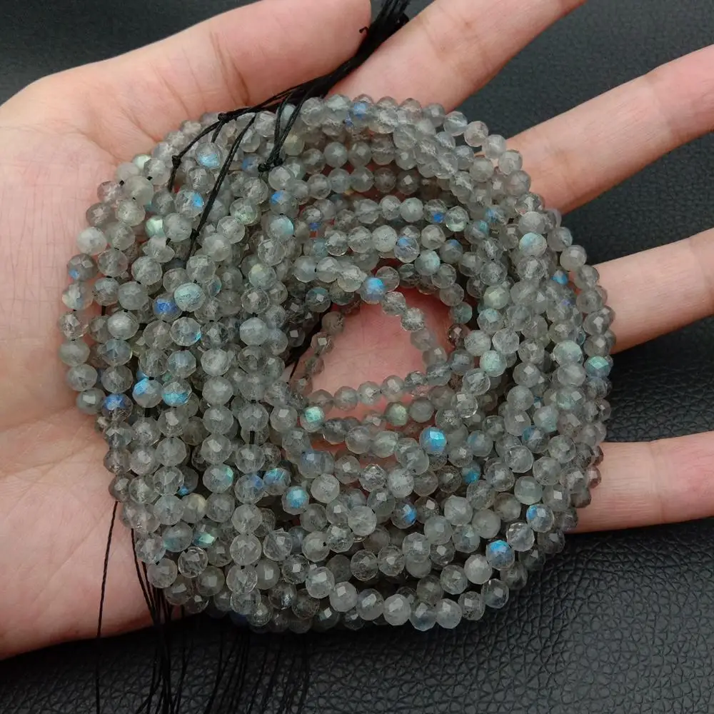 

3 Strands 4mm Faceted Labradorite Round Beads Micro Small Grey Labradorite 15.5"