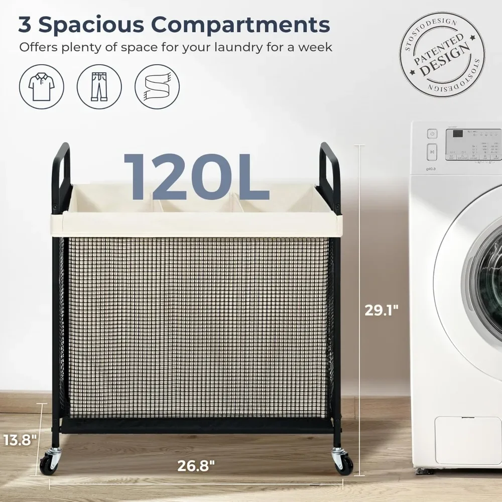 3-Section Rolling Laundry Sorter Cart, 120L Capacity with Removable Washable Bags & Locking Wheels for Home