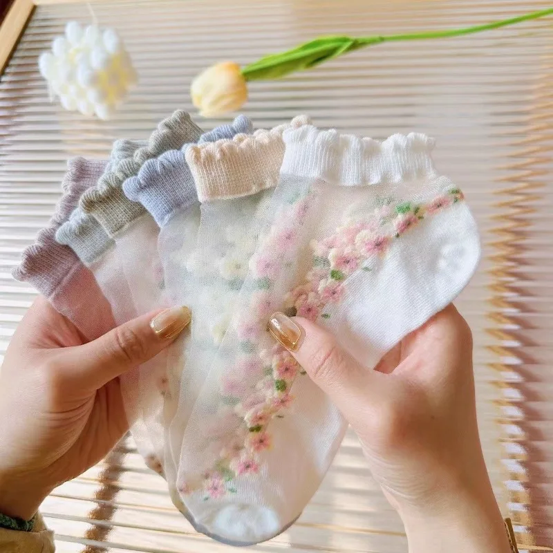 

1 Pairs Women Floral Printed Transparent Socks Fashionable Cute Lace Sweat Absorbing Breathable Soft Comfortable Casual Socks