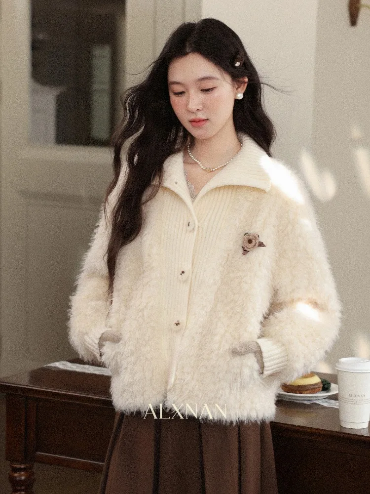 

ALXNAN Women's Winter Jacket Apricot Fleece Jacket Fake Two Piece Short Coats 2025 Fall Winter Casual Plush Coat Ladies L59565