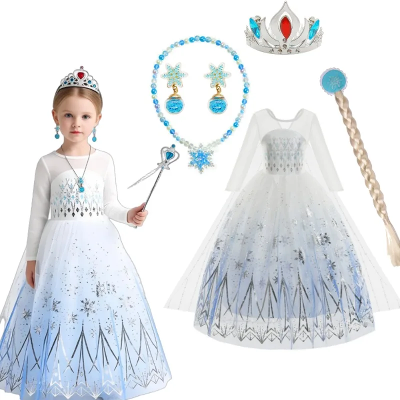 

Snow Queen Cosplay Princess CarnivalWhite Long Sleeved Girls Elegant Princess Costume Kids Halloween Birthday Party Clothes