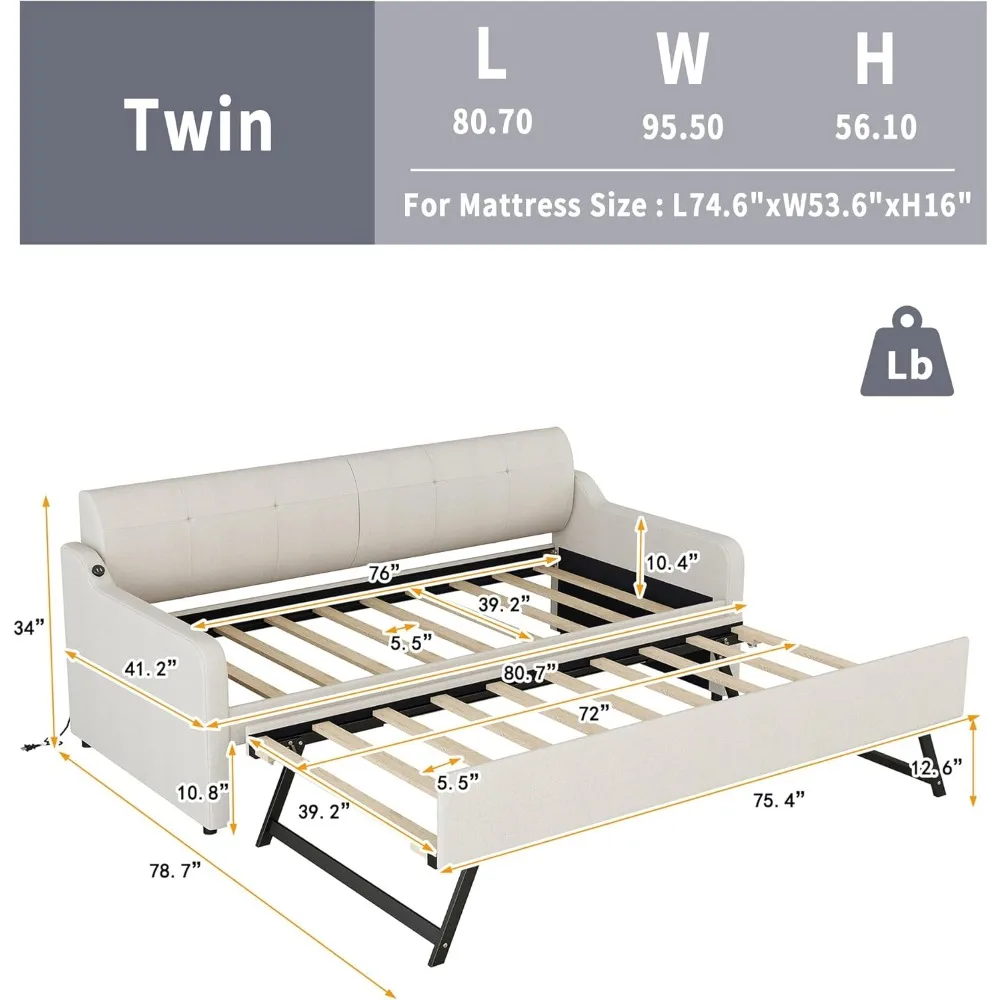 Upholstered Elegant Daybed with Adjustable Pop Up Trundle and USB Charging Design, Twin Size Sofa Bed with Button Design