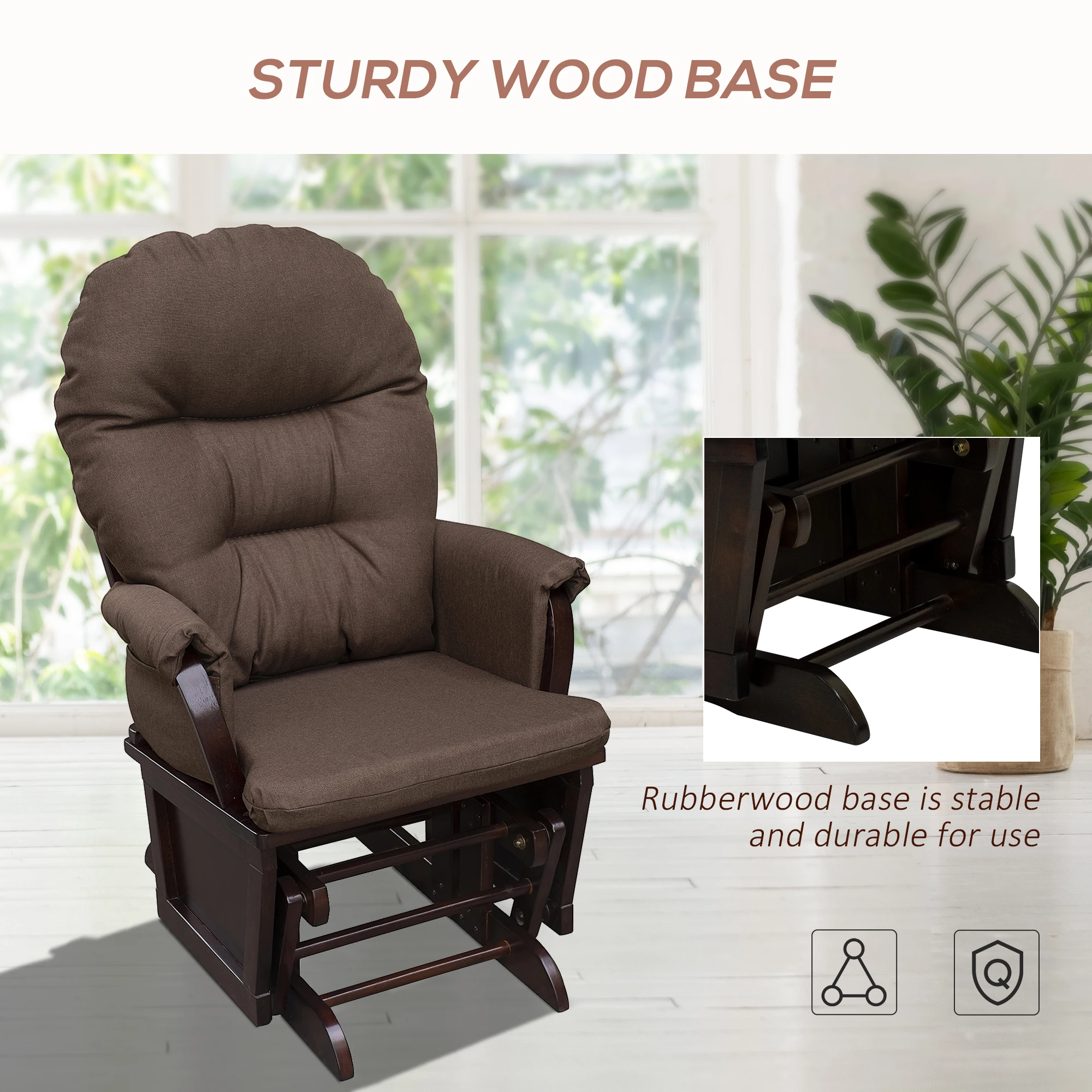 Nursery Glider Rocking Chair with Ottoman, Thick Padded Cushion Seating and Wood Base, Brown