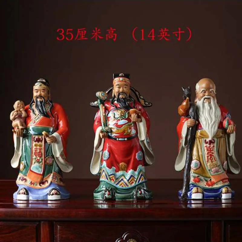 

3PCS Asia HOME SHOP high grade Good luck Gods buddha efficacious bless Fu Lu Shou safe patron saint statue 35cm tall