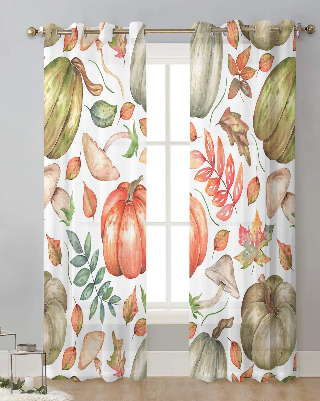 Autumn Thanksgiving Pumpkin Leaf Mushroom Tulle Curtain Living Room Bedroom Modern Sheer Curtains Transparent Window Treatment