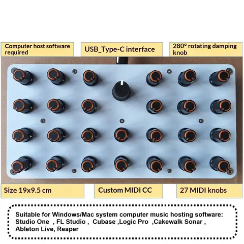 27-Knob MIDI CC Controller USB-C Interface Music Host Custom CC Information Volume fit fot Studio One,FL Studio,Cubase,Logic Pro