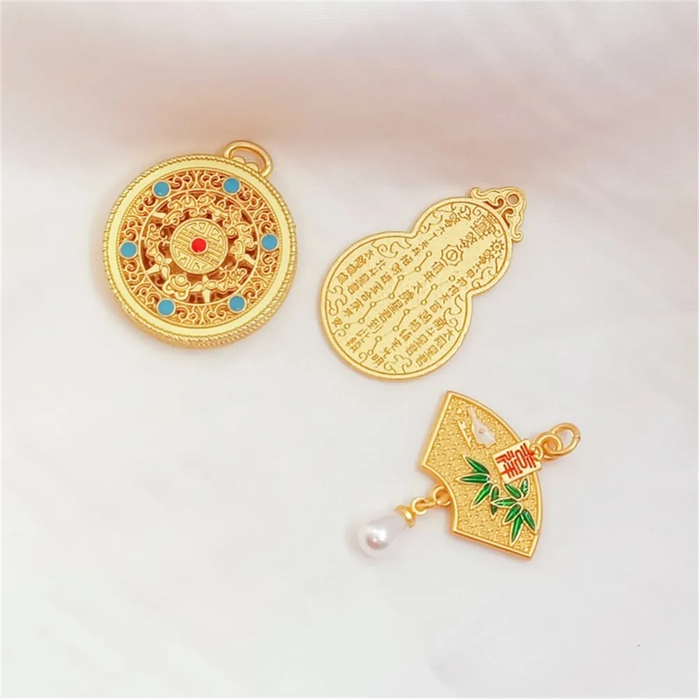 Sand-gold Wrapped Gourd Pendant Featuring Prosperity Good Fortune Fan-shaped Pendant with Five Blessings Completeness Made By Ha