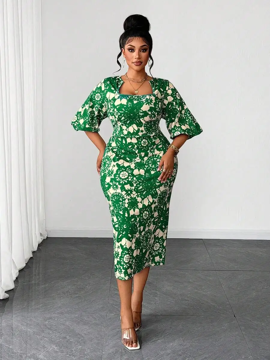 

Green Print Asymmetrical Neckline Fitted Midi Dress For Women