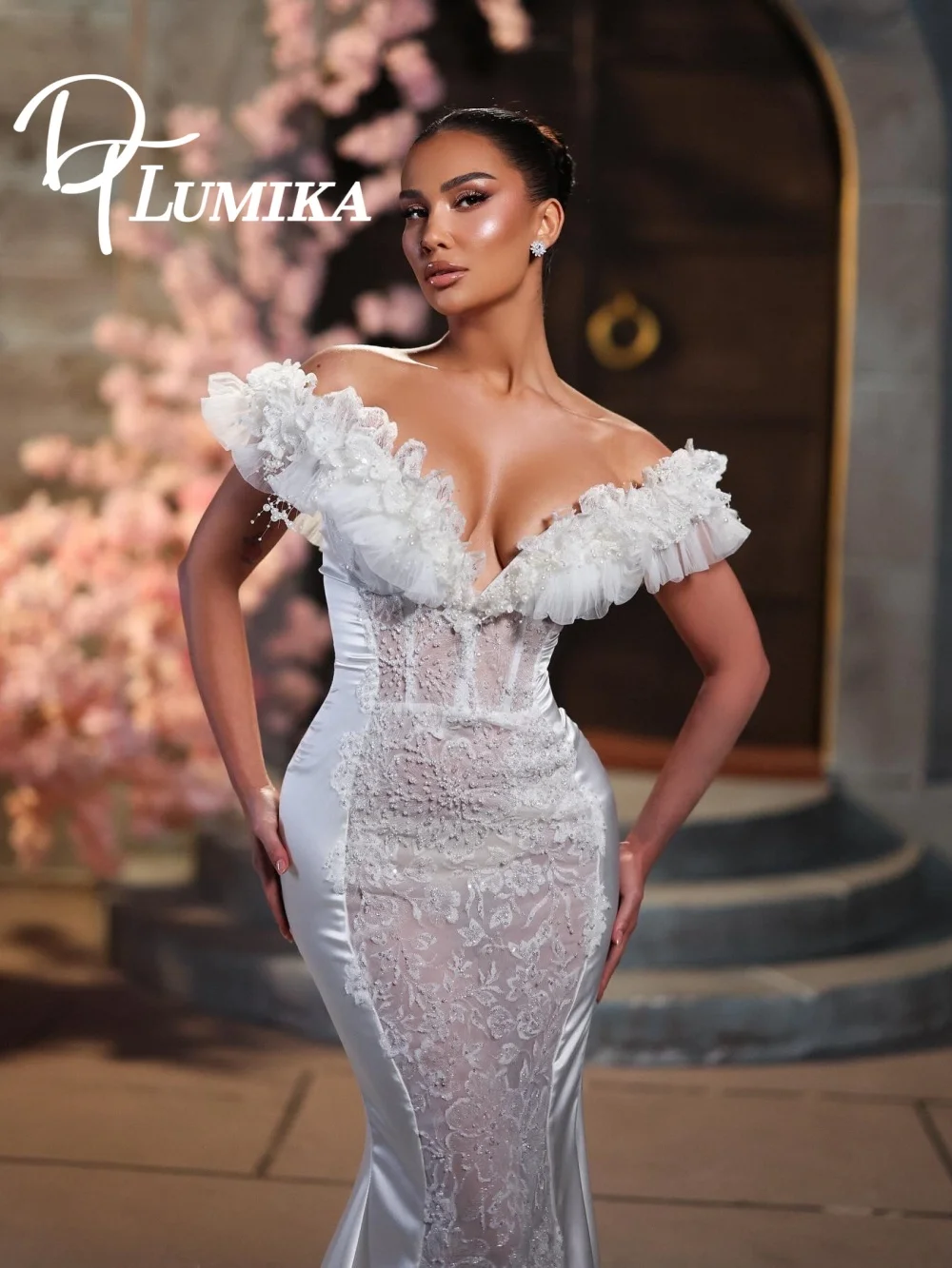 

Romantic Off Shoulder Ruffle Wedding Dress 2026 Luxurious Lace Bridal Dress Opulent Satin Overlay Bridal Gown Vestidos De Novia