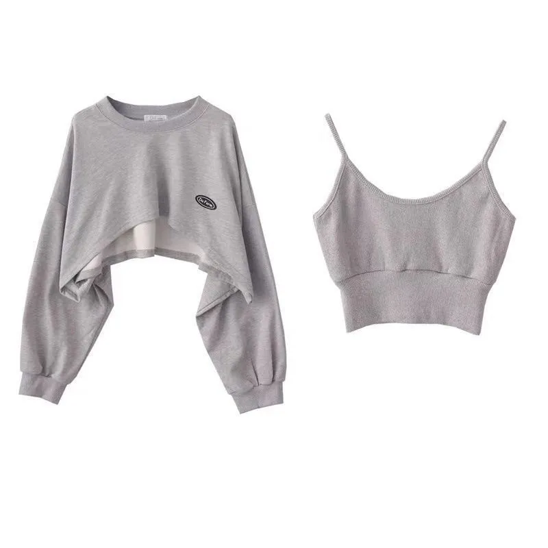 Women'S Two-Piece Tops Set Niche Unique Short Two-Piece Bat Sleeve Top+Camisole Solid Color Casual Street All-Match Set