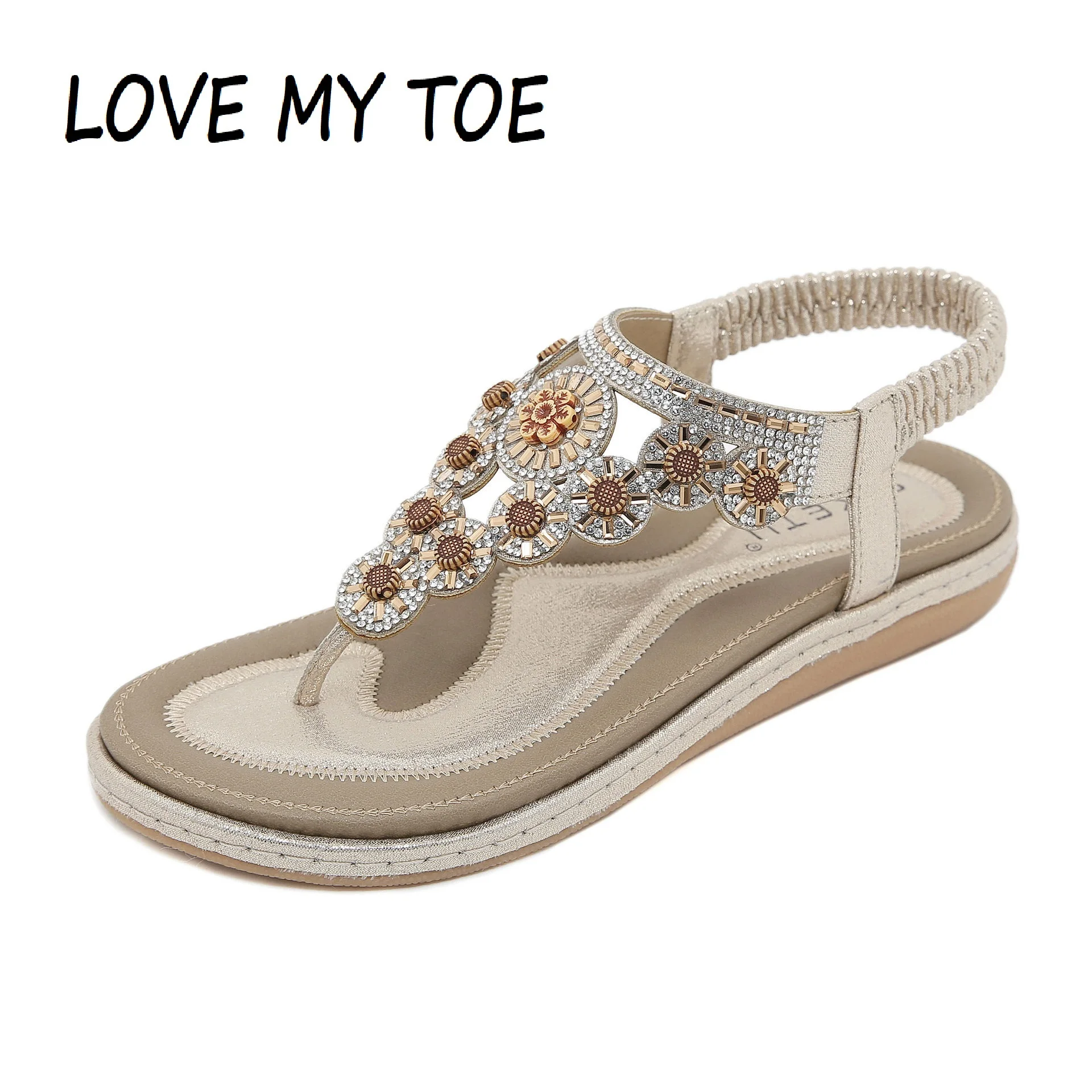 Women's Sandals Summer 2024 Casual Non-Slip PU Soft Bling Diamond String Bead Bohemia Beach Hollow Shoes Woman Flat Heels Ladies