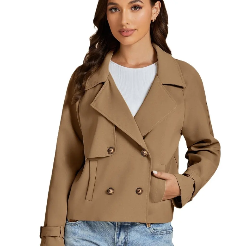 Jaket Kasual Wanita Model Double-breasted Berkerah Pendek Lengan Panjang untuk Musim Gugur dan Musim Dingin, Jaket Angin Modis