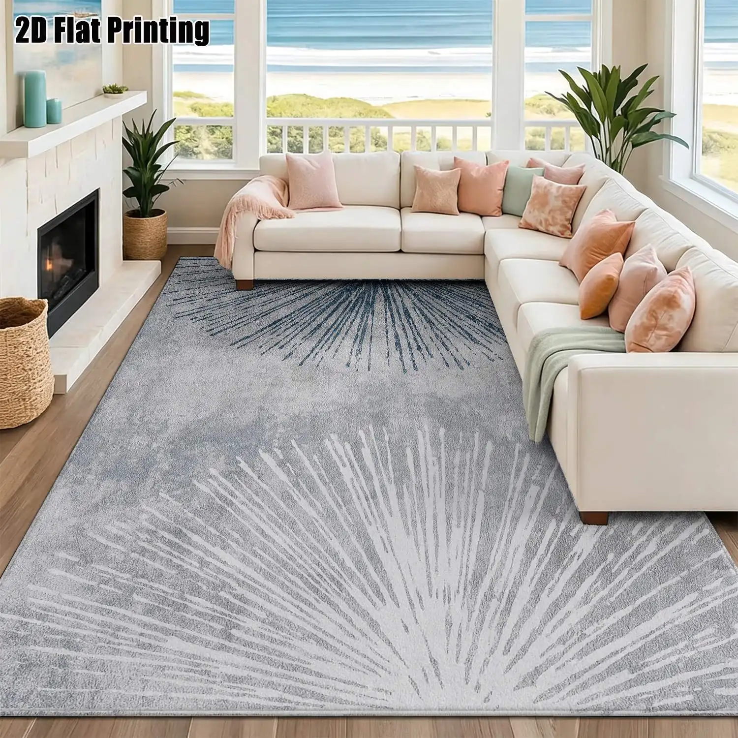 1Pc 2D Printed Carpet: Blue-White Abstract Radial Nordic Modern Minimalist Geometric Instagram Style, Home Decor, Multi-Size, Machine Washable, for Entrance, Dining Room, Foyer, Bedroom, Living Room
