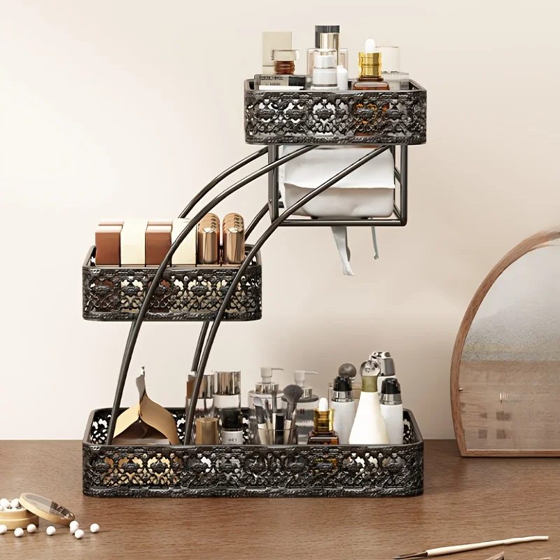 3-stufiger Make-up-Organizer mit Taschentuchspender, Badezimmer-Arbeitsplatten-Aufbewahrungsregal aus Metall für Kosmetika, keine Montage erforderlich