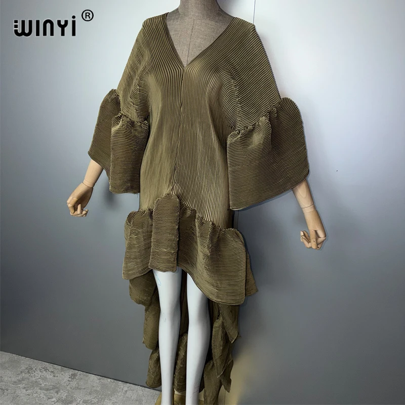WINYI Boho Maxi Kaftan Dress Middle East Style Elegant Pleated Beach Cover-Up Dubai Abaya Elastic Luxury Party Evening Gown