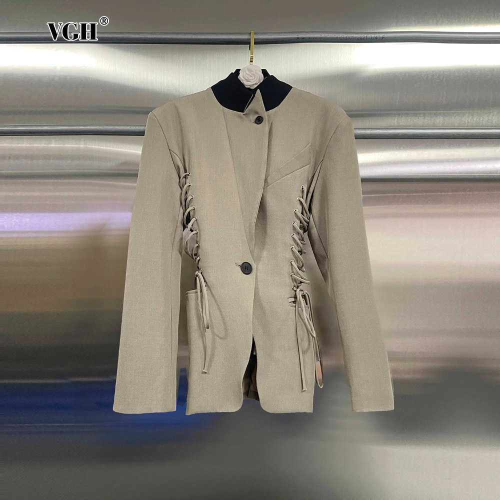 

VGH Formal Spliced Lace Up Tunic Design Coat for Women Stand Collar Long Sleeve Slimming Temperament Banquet Blazer Coat Female