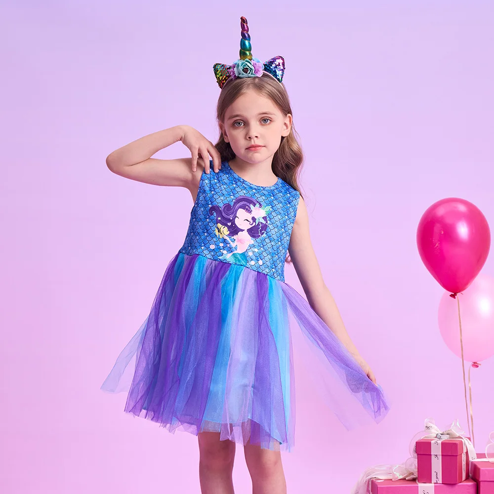 VIKITA Girls Mermaid Scale Print Dress Kids Sleeveless Summer Cartoon Blue Purple Ombre Tulle Princess Party Beach Casual Frocks