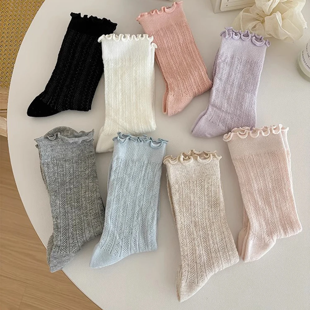 Retro Hollow Socks for Women Mid Tube Ruffle Loose Socks for Female Thin Versatile Casual Sweet Girls Fashion Slouch Socks