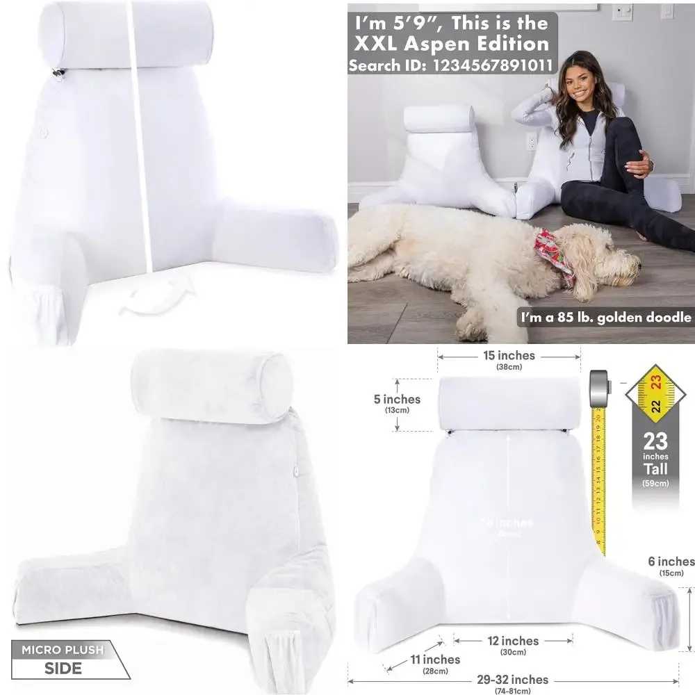 

Medium White Dandelion Husband Pillow for Sit-Up Reading, Bed Rest with Arms, Ultra-Comfortable, Detachable Neck Roll - Premium