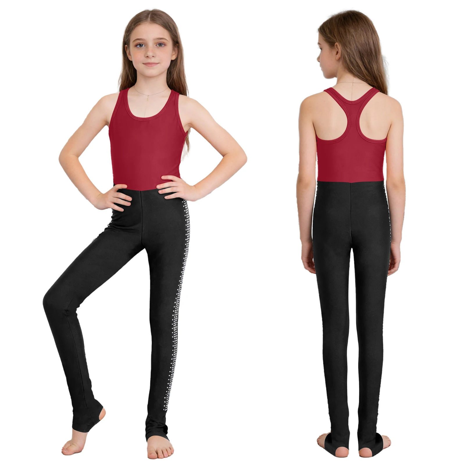 

Детский гимнастический комбинезон для девочек: балет, танцы, фигурное катание, йога, тренировки. Безрукавный, с блестящими стразами, с упорами для ног.