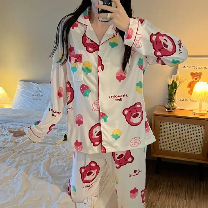 Women Japanese Sweet Cartoon Pajamas Women Autumn Long-sleeved Pants Set of Faux Cotton Comfortable Casual Wear Women\'s Homewear