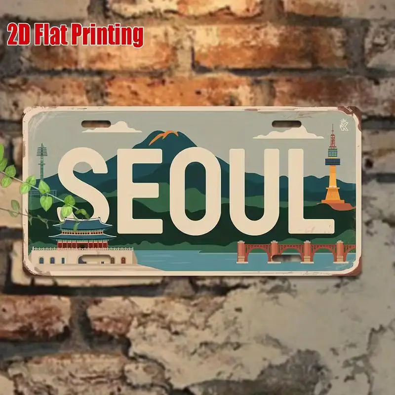 2D Flat, 1pc Vintage Metal License Plate of Seoul, Korea - Korean Retro Wall Decor with Namsan Tower, Gyeongbokgung Palace,