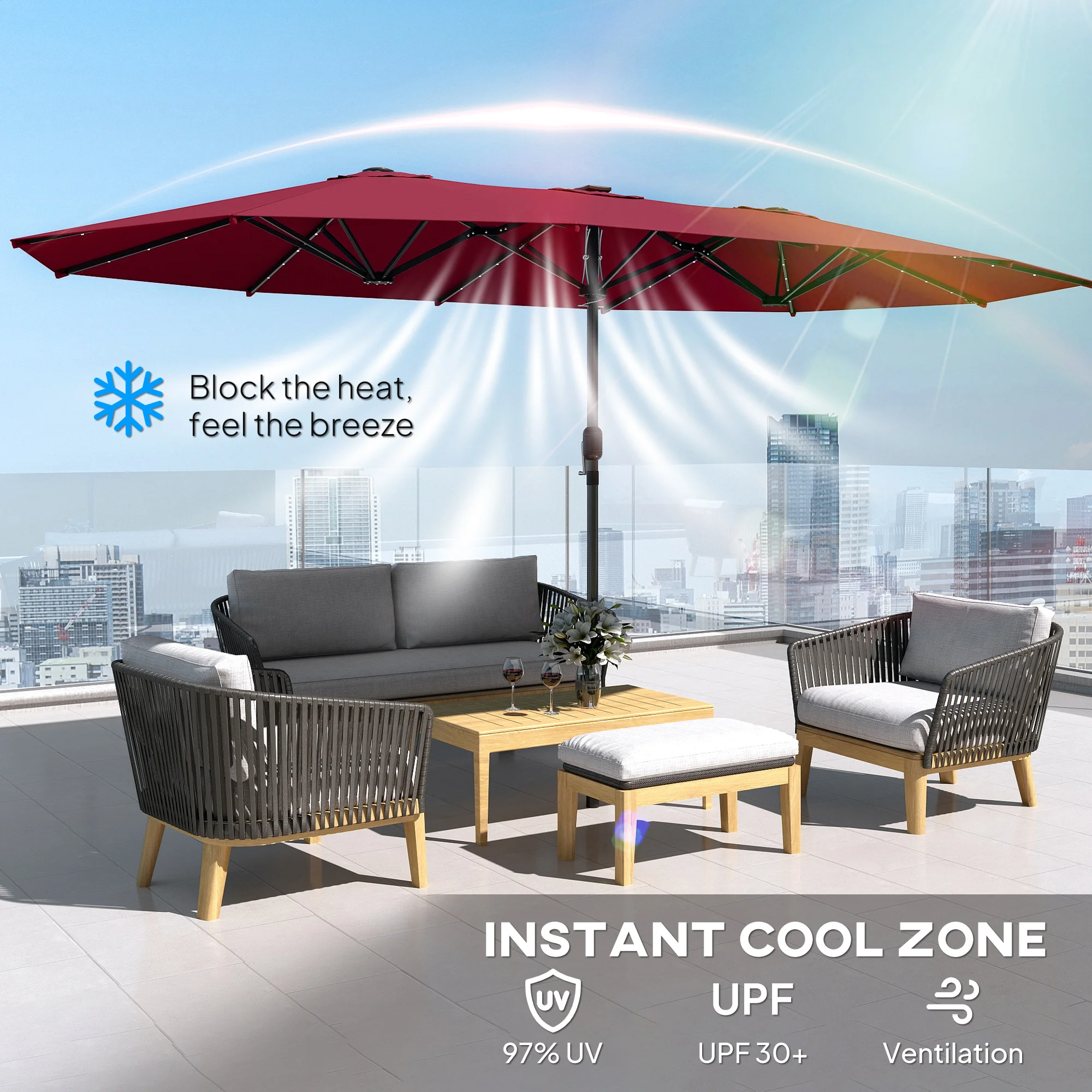 Double Umbrella, Outdoor Patio Sun Shade with LED Solar Light