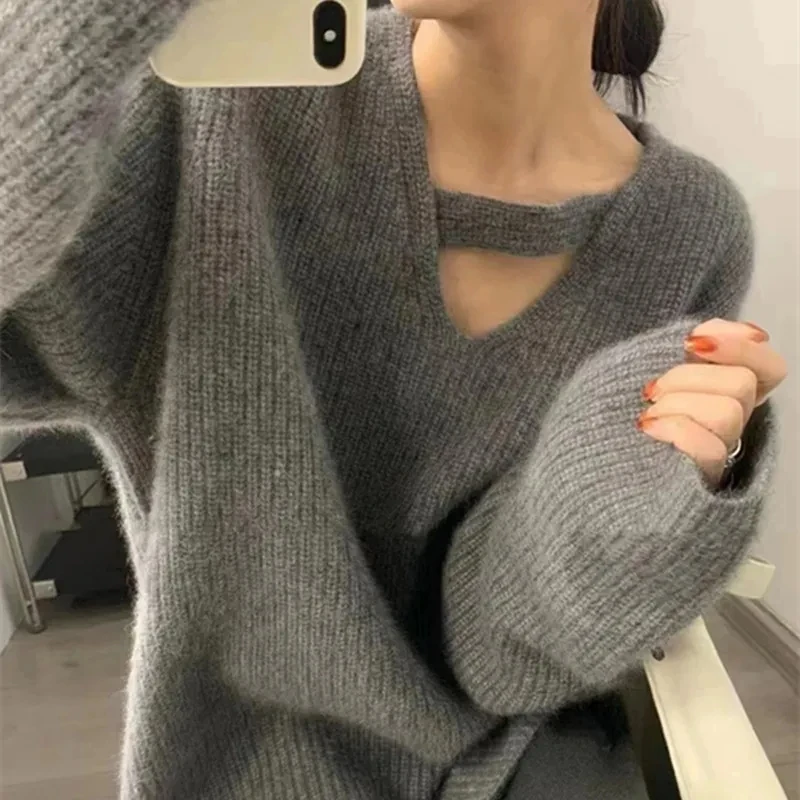 Suéter de diseño ahuecado con cuello en V liso para mujer, Jersey de punto de manga larga, estilo coreano perezoso, Otoño e Invierno