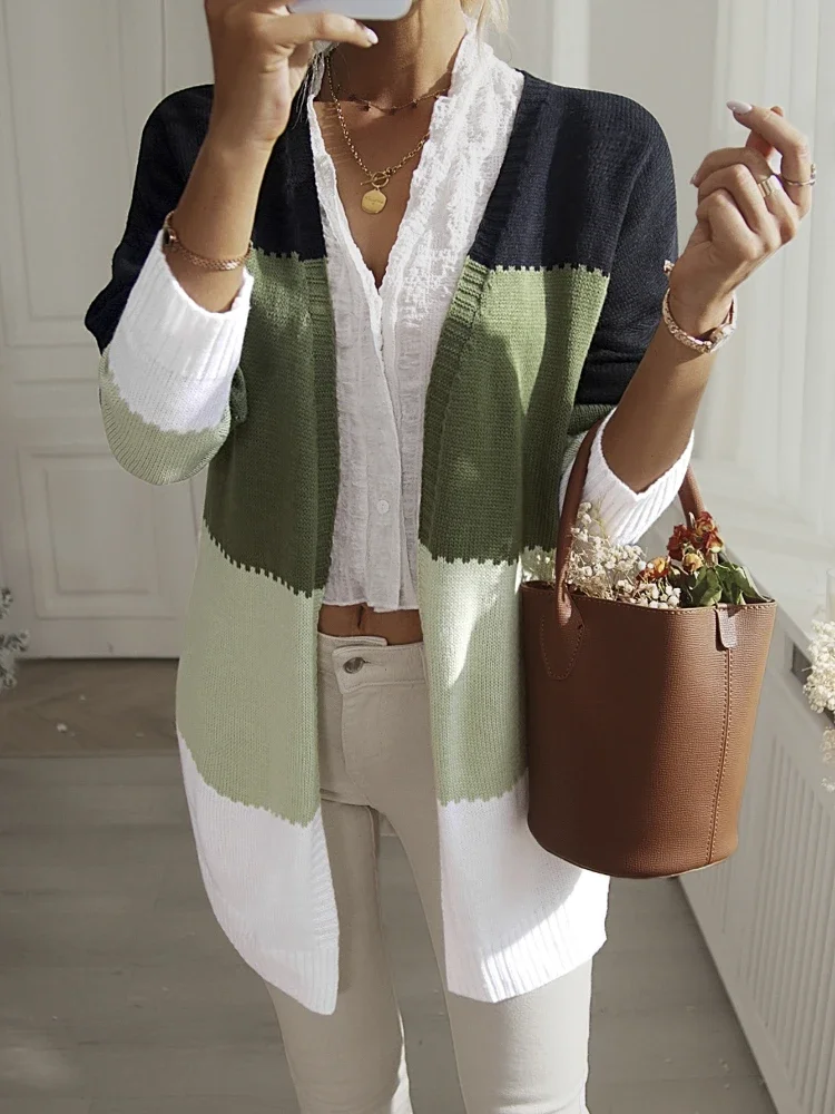 Knitted Splicing Casual Cardigan Autumn Long Coat Top Patchwork Cardigan Winter Women Sweater High Street Long Sleeve Sweater