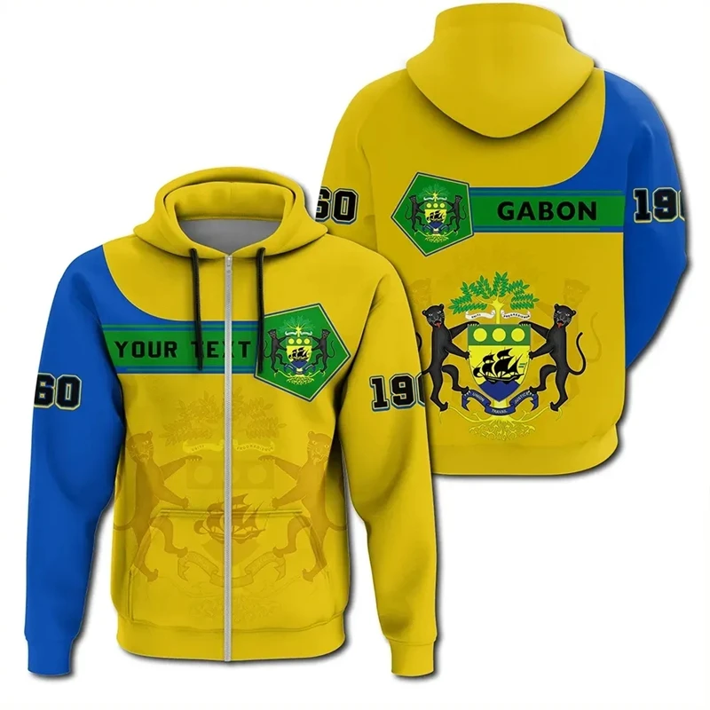 Africa Gabon Map Flag 3D Printed Zip Up Hoodie For Men Patriotic Tracksuit National Emblem Graphic Sweatshirts Male Boy Tops