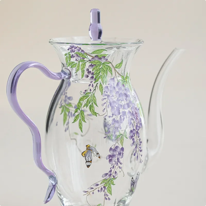 Chinese Style Wisteria Flower Glass Tea Set Heat Resistant Stove One Pot Two Cups Solid Wood Tray Household Warm Tea Ware
