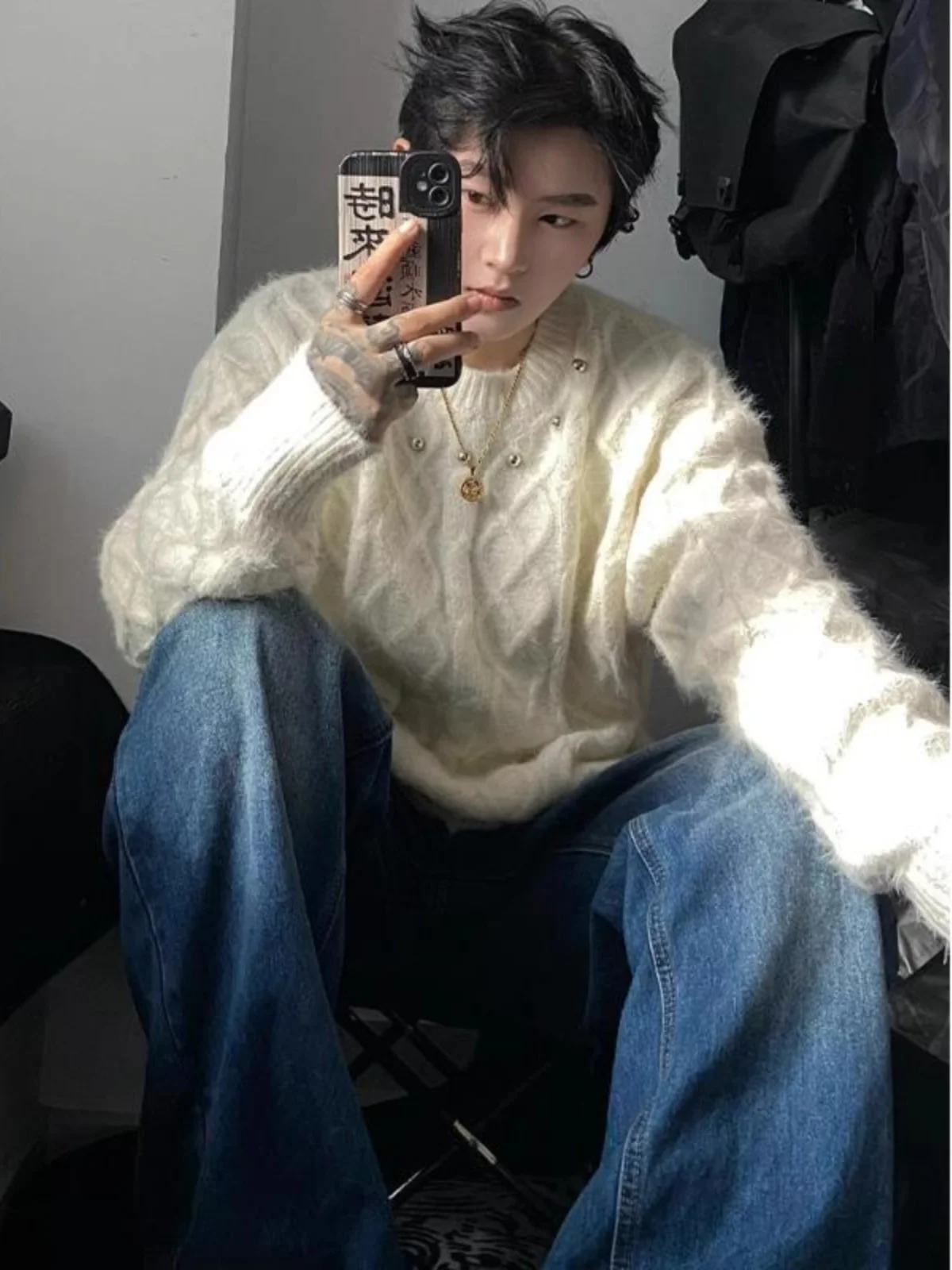 

American Sle Cleanfit Faux Fur Knitwear Men's Winter Lazy High-End Feeling Model Fluffy Knitted Sweater Loose Fit Rivet Det...